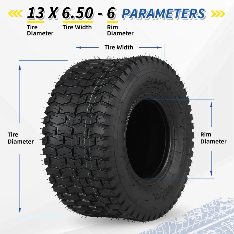 2 Pack 13x6.50-6 Lawn Mower Tubeless Tire, 13x6.5-6 for Tractor