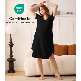 NACHILA Nightgowns for Women-Viscose Made from Bamboo, V Neck Sleepshirts Short Sleeve Sleepwear Cool Nightshirt Black S