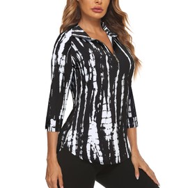 Cucuchy Style Golf Shirts for Women 3/4 Sleeve,Tennis Polo Shirts Moisture Wicking Workout Tops Loose Fit Running Pullover Stretchy V Neck Zipper Hiking Sport Clothes Tie Dye Black L