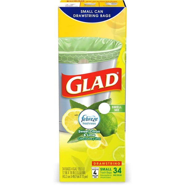 Glad OdorShield Small Drawstring Trash Bags - Febreze Sweet Citron & Lime - 4 Gallon - 34 Count - 6 Pack
