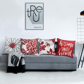 RYSMIYOU Wine Red Linen Decorative Throw Pillow Covers18x18 Pillow Covers for Couch Sofa Bed Living Room,Set of 4 Boho Pillow Covers Square Outdoor Throw Pillow Cover Cushion Farmhouse Home Decor