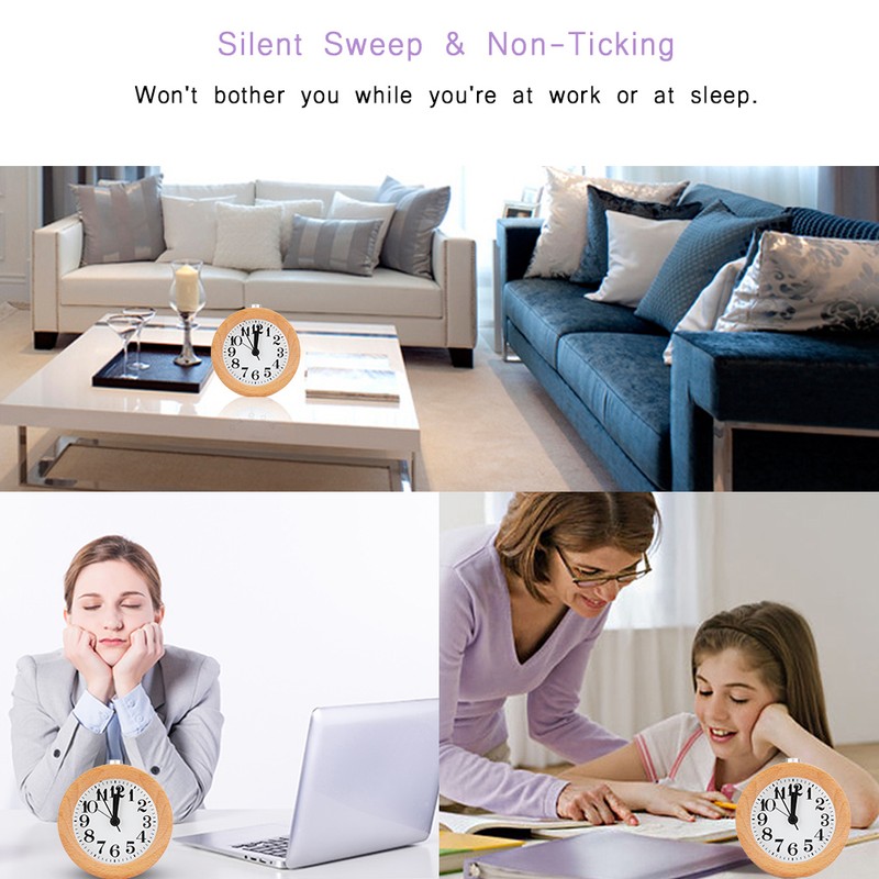 Beech Wooden Mute Silent Alarm Clock No Ticking for Home