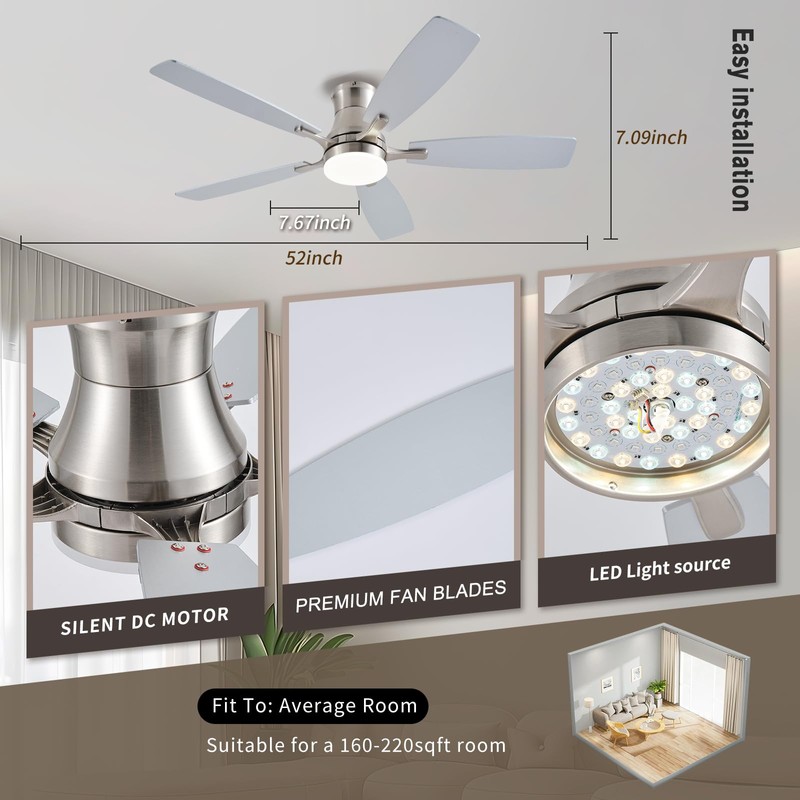 FUMLTP Ceiling Fans with Lights, 54inch RGB Low Profile Ceiling
