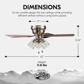 Portage Bay Ceiling Fans Renton 42" Brushed Nickel Indoor Fan with Clear 3 Light LED Multi Arm; E26/B11 Bulb and Pull-Chains, Traditional Style, 5 Reversible Barnwood/Dark Chestnut Blades, 51437