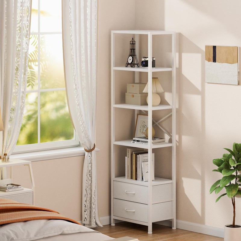 Furnulem 5-Tier Corner Shelf, Narrow Bookshelf with 2 Storage Drawers,