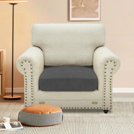 MAXIJIN Velvet Stretch Cushion Cover Fitted Plush Couch Cushion Slipcovers 1 Pack Arm Chair Seat Cushion Cover for Individual Cushion Sofa Chair with Elastic Bottom (Chair Cushion, Gray)