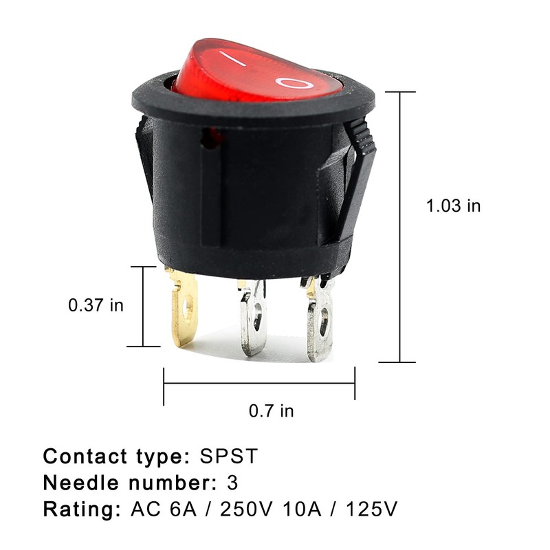 Red Light SPST 3-Pin ON/Off Round Boat Rocker Switch AC