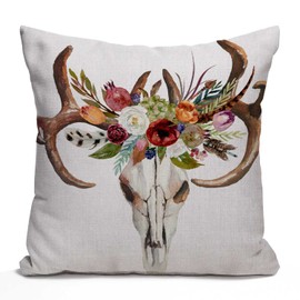 Tomda Watercolor Floral Boho Deer Skull Burlap Cushion Cover Throw Pillow Case Couch Sofa Decorative Square 45x45cm 18x18 Inch
