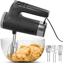 Stellagro Electric Hand Mixer 9 Speed with Stainless Steel Whisk, Flat Beater & Dough Hook, Snap Storage Case, Compact Lightweight 350 W Powerful handheld mixer for Baking & Cooking, Gray