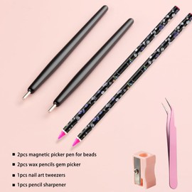Fspronail Caviar Nail Beads Applicator Pen, 2PCS Magnetic Pen for Steel Ball Suction Rhinestone Picker Tool With Tweezers Wax Pencils Pickup Nail Gems DIY Crafts Jewelry Decoration Nail Art Supplies