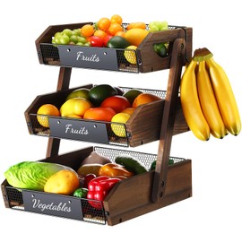 Briwooody Wooden Fruit Basket for Kitchen Counter with Banana Hangers Fruit Holder Fruit and Vegetable Storage, Fruit Bowl for Onion Potato Bread Snack Organizer and Kitchen(3 Tier)