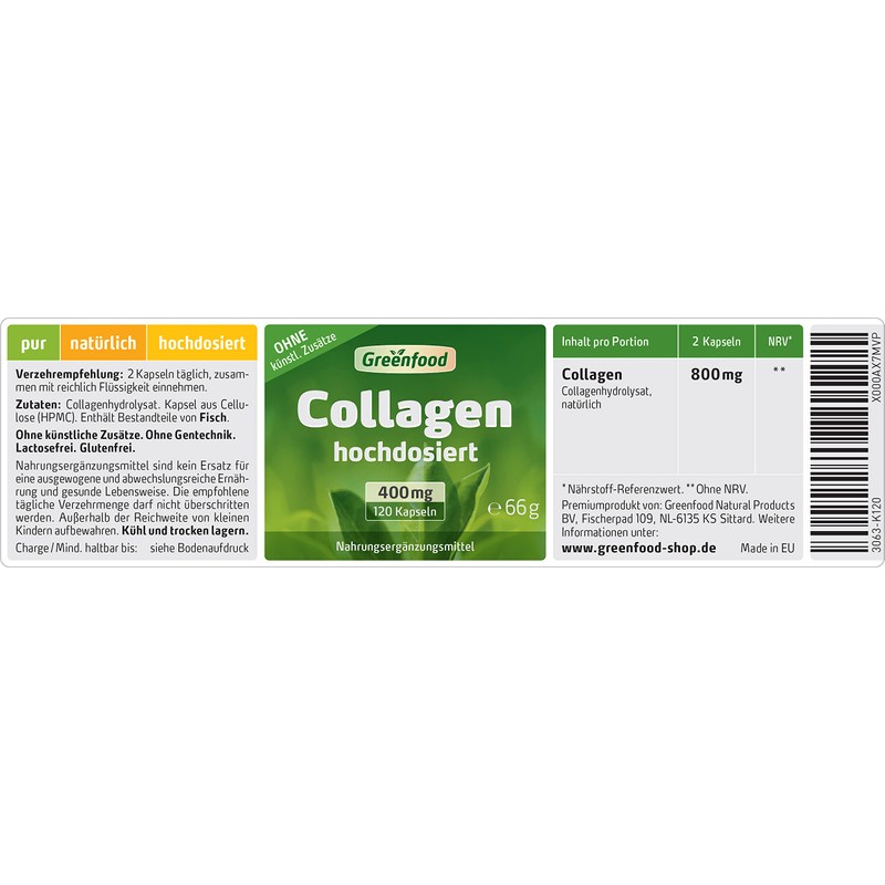 Collagen, 400 mg, high dose, 120 capsules - natural collagen