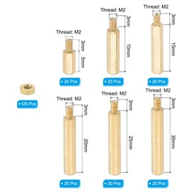 PATIKIL M2+3mm Standoff Screws, 240Pcs Male to Female Hex Brass PCB Standoff Spacer Screw Nut Assortment Kit for PCB Computer Circuit Board, Golden