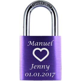 LoveGoals Liebesschloss-Geschenk mit Gravur und 2 Schlüsseln, Individuell graviert, Hochwertige Geschenkverpackung, Motiv M020, Violett