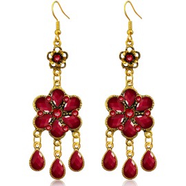 Ricarmo Bohemian Dainty Vintage Gold Crystal Teardrop Flower Lightweight Dangle Drop Earrings Retro Alloy Fringe Hook Earrings For Women Jewelry Gifts (Red)