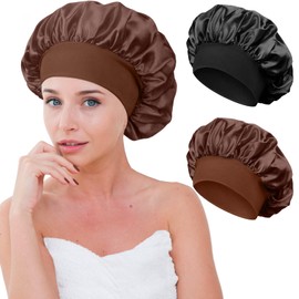 KUAOWT Silk Bonnet Sleep Cap for Sleeping, Pack of 2 Silk Bonnet Sleep Cap, Adjustable Sleep Cap, Silk, Breathable Sleep Cap, Women Girls Satin Hair Cap for Night Hair Protection (Coffee, Black)