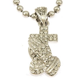 Hot New Silver Tone Praying Hands with Cross Pendant Mini Pave Cz Stones Necklace Free 30" Ball Chain