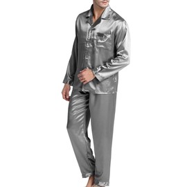 Men's Satin Pajamas Long Button-Down Pj Set Sleepwear Loungewear (Gray, M)
