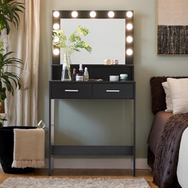 MOOLSUN Vanity Table with Mirror, 2 Drawers and 3-Tier Storage Makeup Vanity Desk, 12 LED Lights and 3 Color Lighting Modes, Perfect for Bedroom and Dressing Room Vanity Area (D - Black)