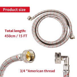 2 Pack 15 FT Stainless Steel Washing Machine Hoses with 90 Degree Elbow,Burst Proof Red and Blue Striped Water Connection Inlet Supply Lines, Universal Fit to All Wash Machines