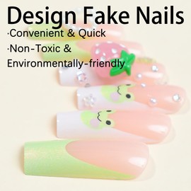 24Pcs Long Press on Nails Square Fake Nails French False Nails with Cute Frog & 3D Strawberry Designs Pearl Press on Nails Full Cover Stick on Nails for Women and Girls Reusable Acrylic Nails