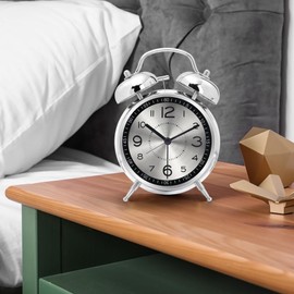 Lafocuse Doppelglockenwecker 16cm Analog Ohne Ticken, Metall Silber Wecker mit Großes Zifferblatt, Lautlos Nachttisch Tischuhr mit Nachtlicht für Schlafzimmer Büro