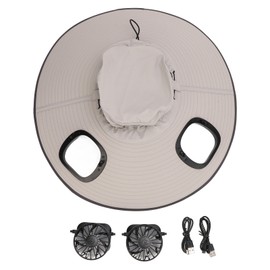Sun Hat Wide Brim Breathable Sun Proof Fisherman Hat with 2 Solar Fans 3 Speed Adjustable Windproof Belt for Men Light Gray