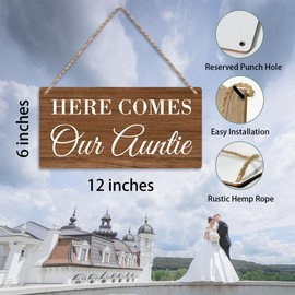Here Comes Our Auntie Ring Bearer Sign Rustic Wall Hanging Humor Wedding Accessories Wedding Decorations for Reception Engagement Wedding Party Wall Art Decor Wooden Sign Hallway Decoration (Brown)