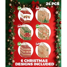 Sipthene 24 Pack Christmas Gift Bags with Handles, Kraft Paper Goody Treat Bags for Holiday Present Wrapping (6 Designs, 9" x 7" x 3.3") - for Xmas Party Favors, Classroom, Wedding Decor Supplies Bulk