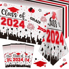 Graduation Decorations Class of 2024 Tablecloth - 3 Pcs Plastic Congrats Grad Table Cloth, Graduation Table Cover for Graduation Party Decorations 2024 and Party Supplies, 54"x108" (Red and Black)