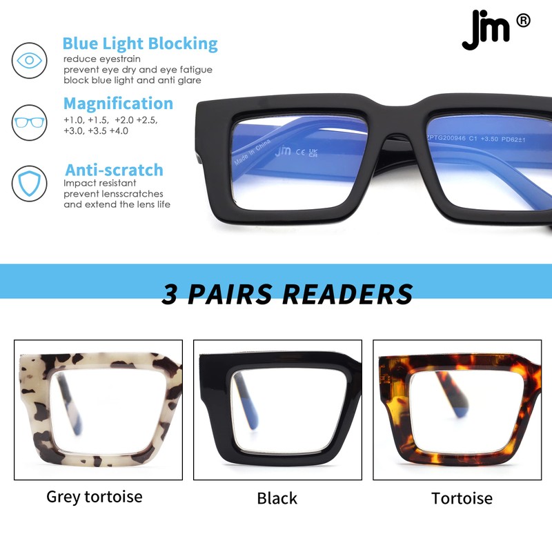 JM 3 Pack übergroße Quadratische Lesebrille für Damen Herren, Blaulichtfilter