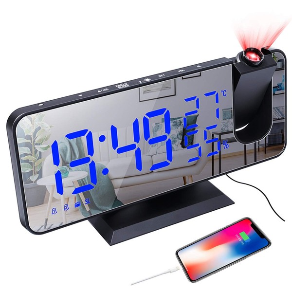 YUNYODA Projection Alarm Clock, Digital LED Alarm Clock with Mirror Surface, USB Charging Port, Snooze, Dual Alarm, FM Radio, 3D Mode, Temperature, Humidity, 12/24H Setting