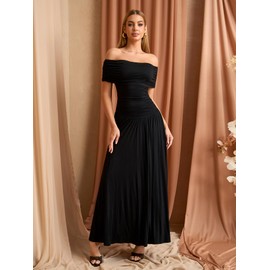 URYIAO Off The Shoulder Maxi Dress for Women Summer Ruched Bodycon Pleated Flowy Formal Wedding Guest Long Dresses S Black
