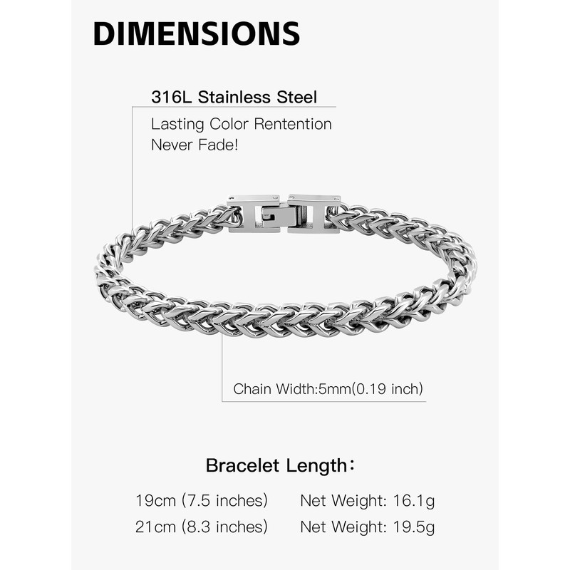 Mens Stainless Steel Franco Chain Bracelet 5MM Link Bracelets, Fold