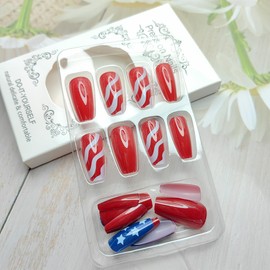 24Pcs Independence Day Press on Nails Medium Coffin Fake Nails White Star Stripes Full Cover American Patriotic False Nails Red Glue on Nails Glossy Acrylic Nails Stick on Nails for Women Manicure