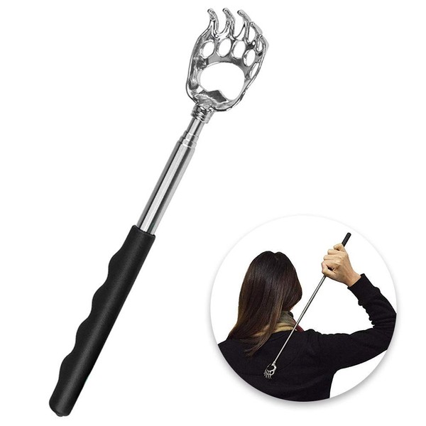 Extendable Back Scratcher, Scratching Hand Back Scratcher, Telescopic Hand Massager, Stainless Steel with Rubber Handle and Bear Claw for Back and Head Scratching