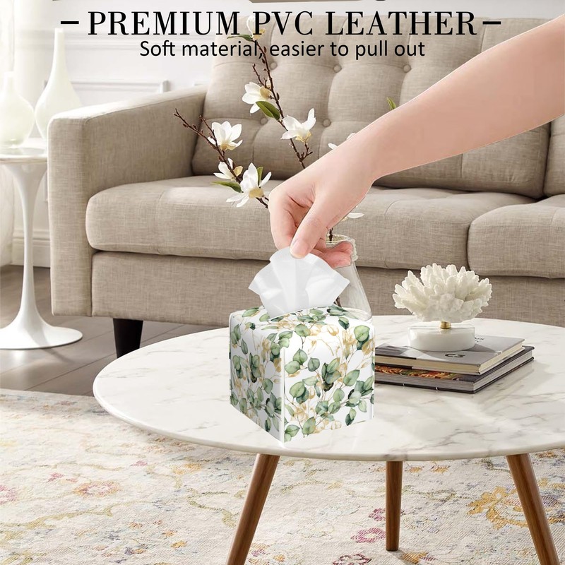 POIUBLE Leather Tissue Box Holder Gold and Green Eucalyptus Leaf