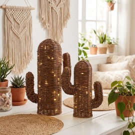 Yookeer 2 Piece Rattan Western Cactus Decor, 15 & 11 Inch Southwestern Desert Cactus Sculptures with LED String Lights, Summer Farmhouse Boho Handwoven Decor for Neutral Home Living Room Bedroom