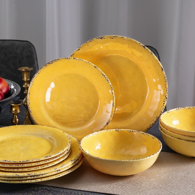 ZAROCRUS 12-Piece Rustic Melamine Dinnerware Set With Dinner Plate, Salad