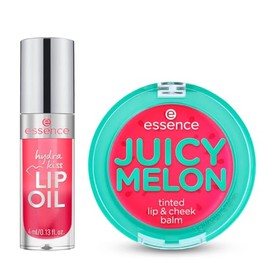essence - Pack Bálsamo Tinte Labios & Mejillas Juicy Melon (3g) + Aceite Labial Hydra Kiss Pink Champagne (4ml), Hidratación, Color y Brillo