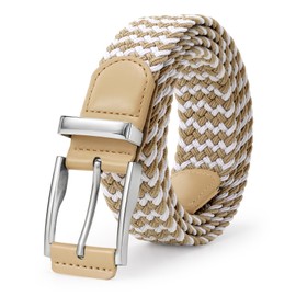 JASGOOD Stretchy Braided Belt for Men Elastic Woven Belt for Jeans Pants 1 3/8" Casual Men Women Golf Belt, Gift Box(Beige/White, 33''-38'' waist adjustable)