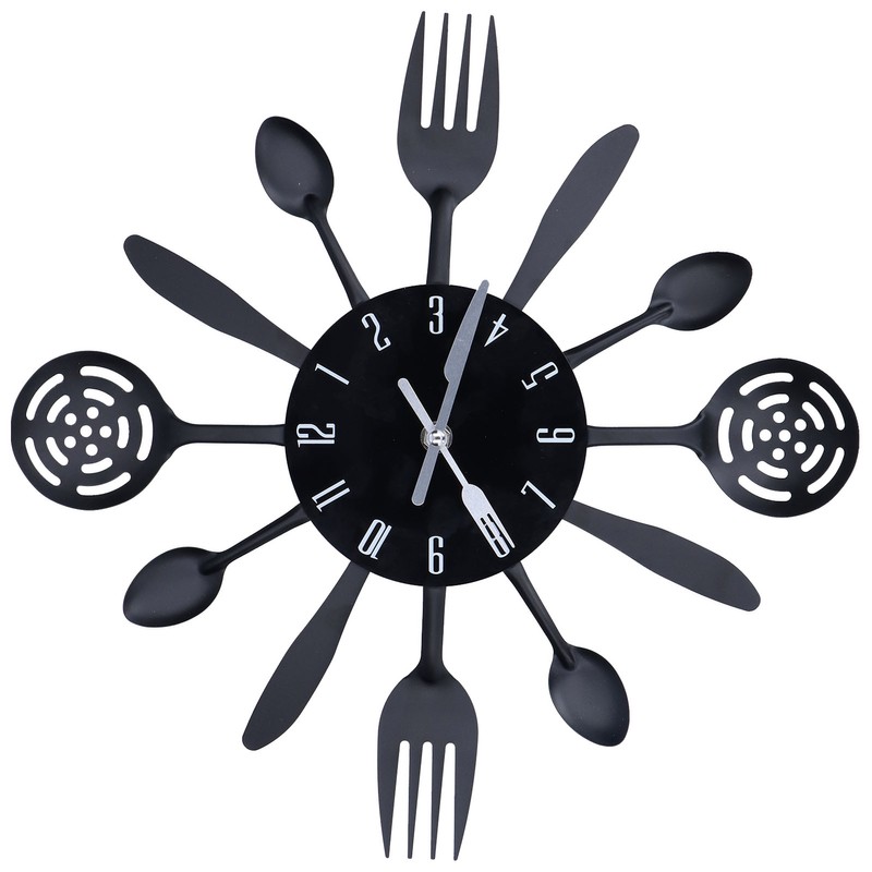 Black Kitchen Wall Clock Removable Modern Cutlery Kitchen Spoon Fork