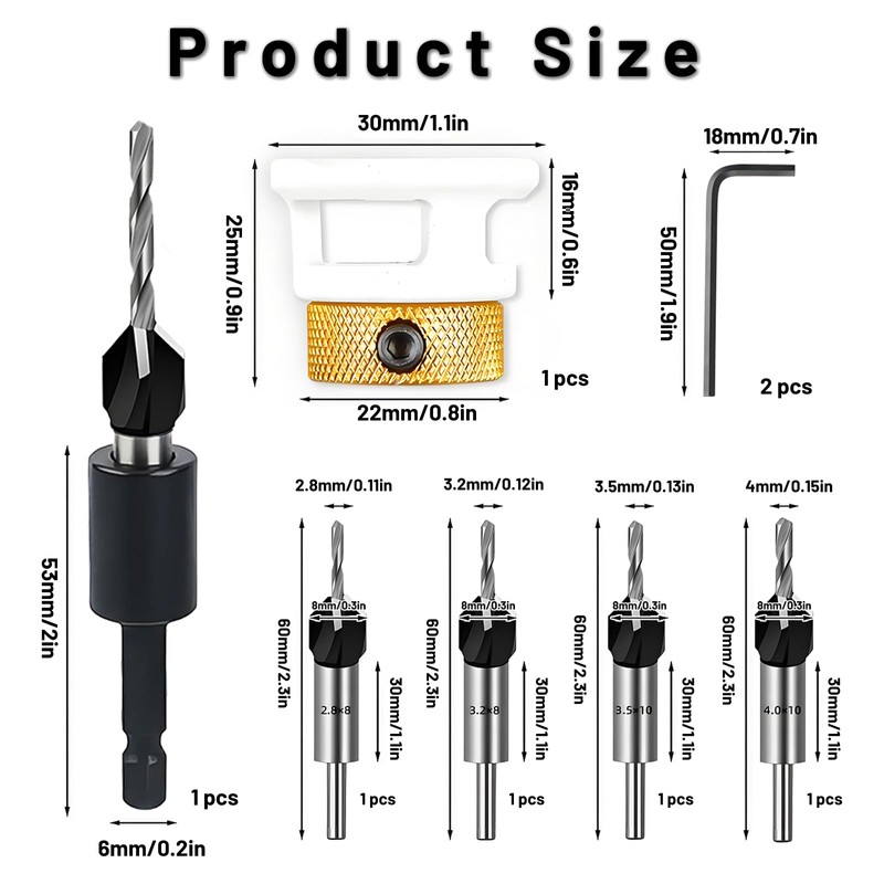 GTNCE Set of 4 Countersink Drill Bits Wood, Adjustable Depth