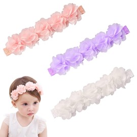 AINIUNIU Pack of 3 Baby Turban Headbands Baby Girls Nylon Headbands Baby Flowers Headband, Pink Kids Turban Hair Band for Infants Newborn Children Flowers Hairband