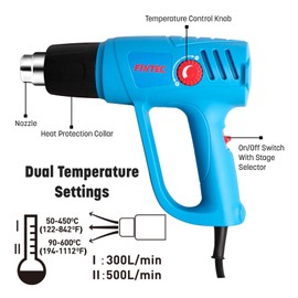 FIXTEC Heat Gun 1500W Heavy Duty Hot Air Gun Kit Variable Temperature Control with 2-Temp Settings 122℉~1112℉ with Overload Protection for BBQ, PVC Tubing shrinking, Crafts and Stripping Pain