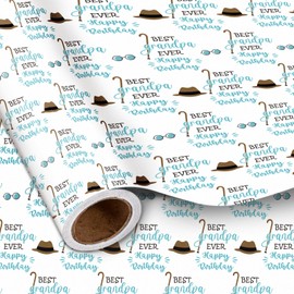 LeZakaa Grandpa's Birthday Wrapping Paper Roll, Best Grandpa Ever, Happy Birthday Hat & Walking Cane Design Gift Wrap for Grandfather's Birthday，for Older Men, Mini Roll, 17 inches x 16.4 Feet
