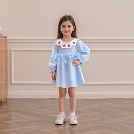 Seyurigaoka Toddler Baby Girl Thanksgiving Outfit Turkey Ruffle Smocked Dress Doll Collar Fall Winter Clothes (Sky Blue, 3-4 Years)