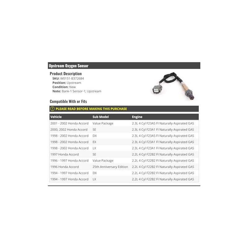 Upstream Oxygen Sensor - Bank 1 - Compatible with 1994-2002