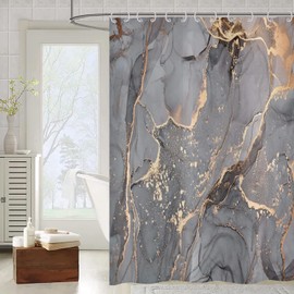 Asdcxz Grey Gold Marble Shower Curtain, 180 x 200 cm, Modern Abstract Grey Gold Black Marble Look, Texture, Washable Bathroom Shower Curtains for Bathtub, Polyester Textile, Waterproof, with 12 Hooks