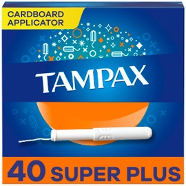 Tampax Cardboard Tampons Super Plus Absorbency, Anti-Slip Grip, LeakGuard Skirt, Unscented, 40 Count (Packaging May Vary)
